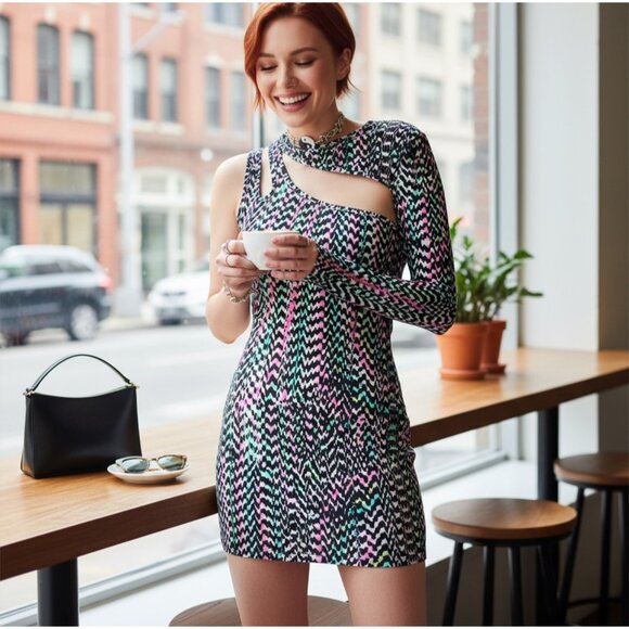 Mini Dress – by Oh Yes – Pink/Green – One‑Shoulder Cut‑Out Psychedelic Zig‑Zag S - Picture 1 of 2